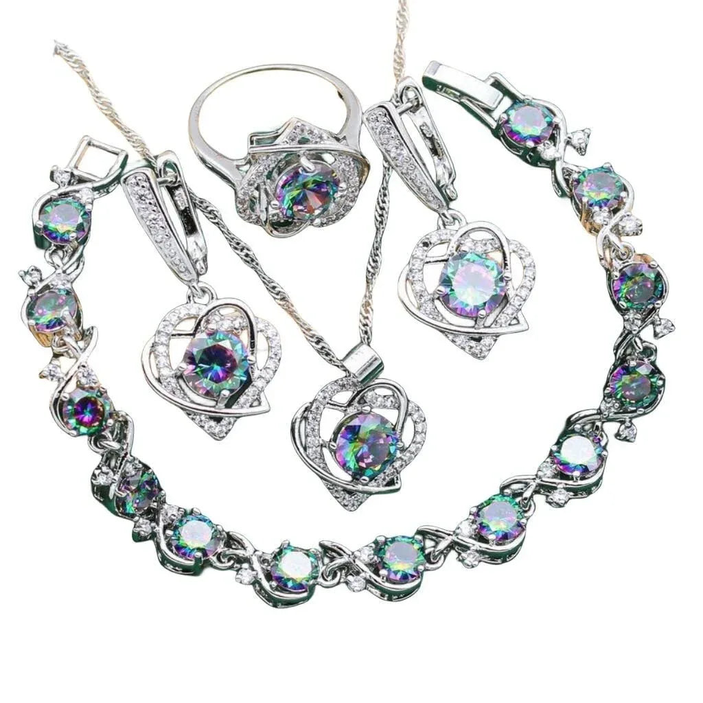 Double Heart Silver Faux Gemstone 4pc. Jewelry Set - Bazaare Mart