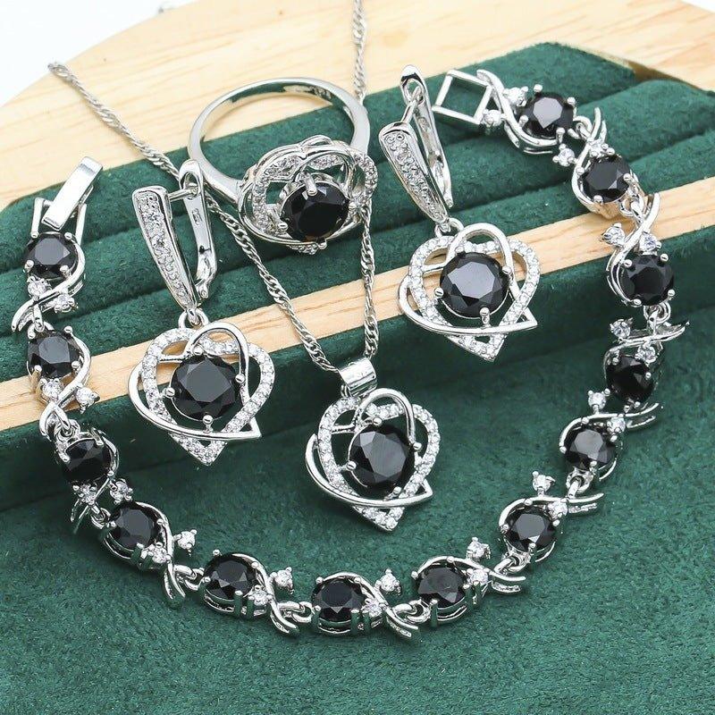 Double Heart Silver Faux Gemstone 4pc. Jewelry Set - Bazaare Mart