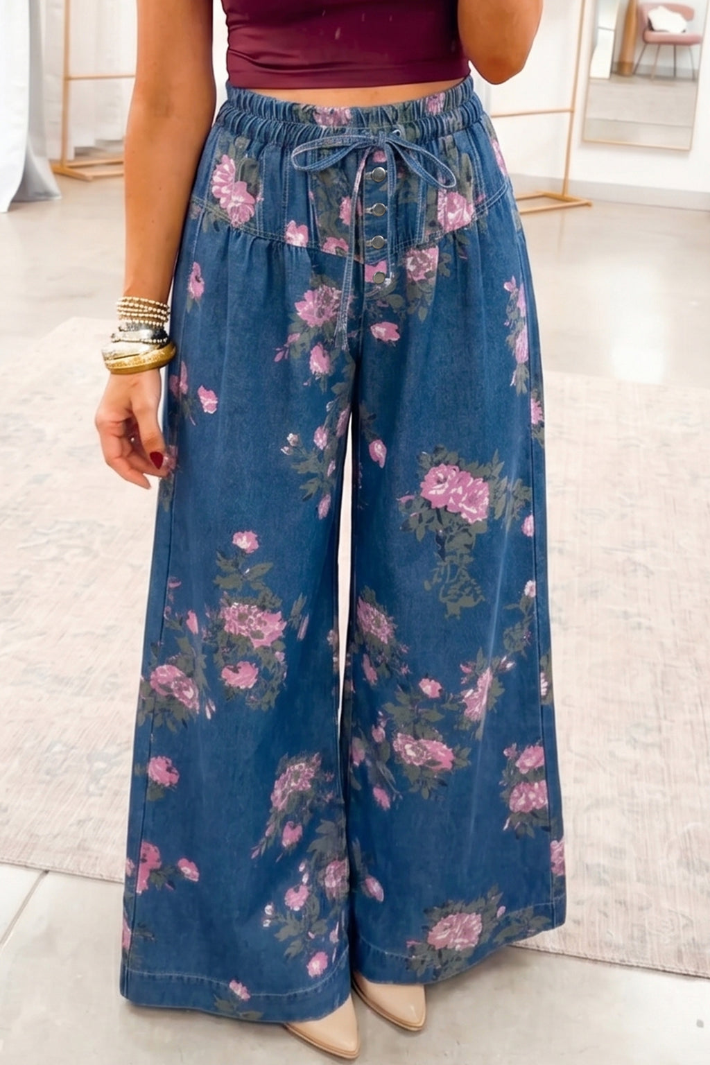 Women’s Retro Floral Print Wide Leg Jeans – High Waist Drawstring Denim Pants Blue 65%Cotton+35%Polyester Dear-Lover Dropshipping Bottoms/Jeans