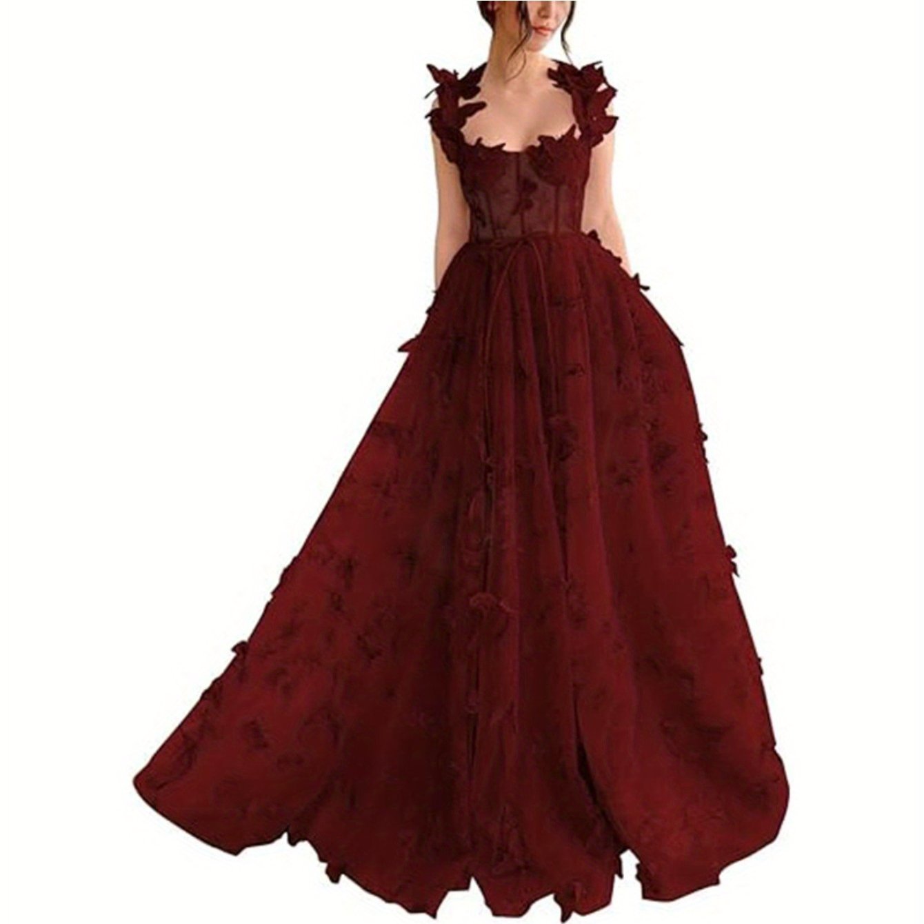 Elegant Long Sheer Flowy Floral & Butterfly Lace Gown