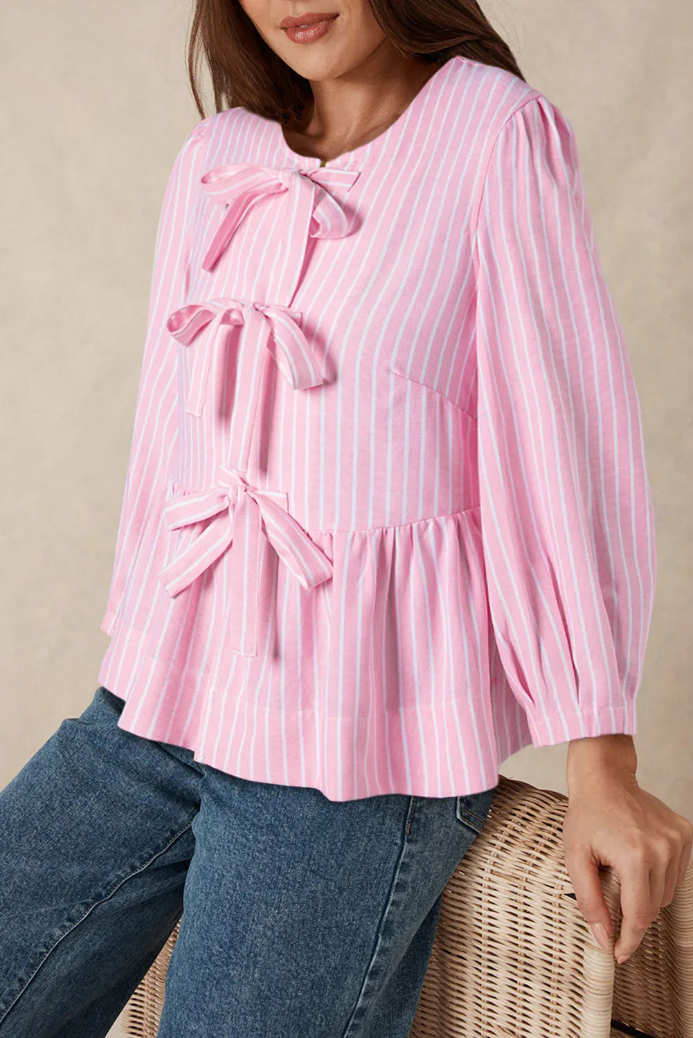 Pink Stripe Bowknot Front Crew Neck Puff Sleeve Blouse Pink Stripe 85%Polyester+15%Viscose Bazarre Mart Tops/Blouses & Shirts