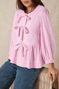 Pink Stripe Bowknot Front Crew Neck Puff Sleeve Blouse Pink Stripe 85%Polyester+15%Viscose Bazarre Mart Tops/Blouses & Shirts