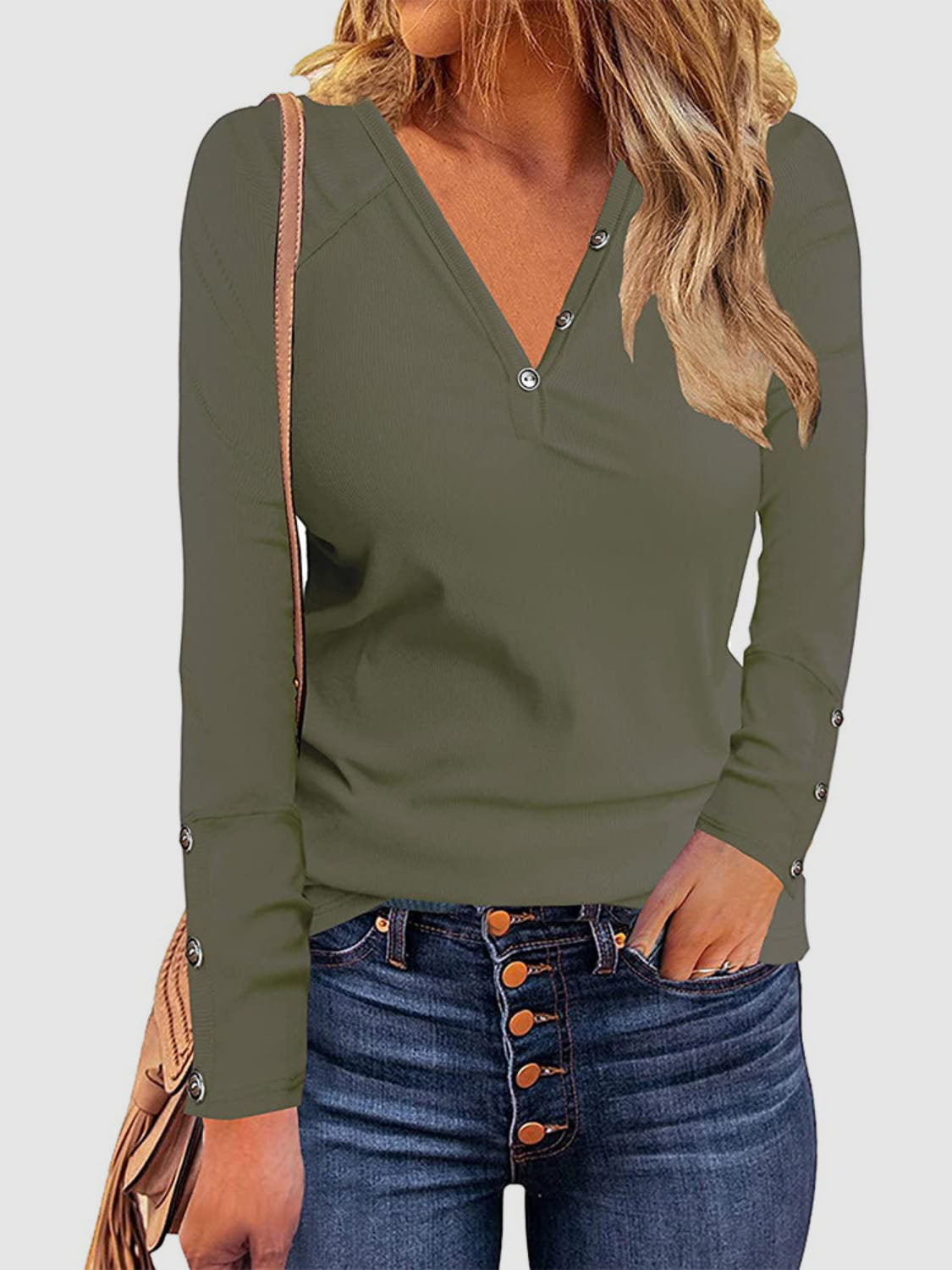 Green Decorative Button V-Neck Long Sleeve T-Shirt