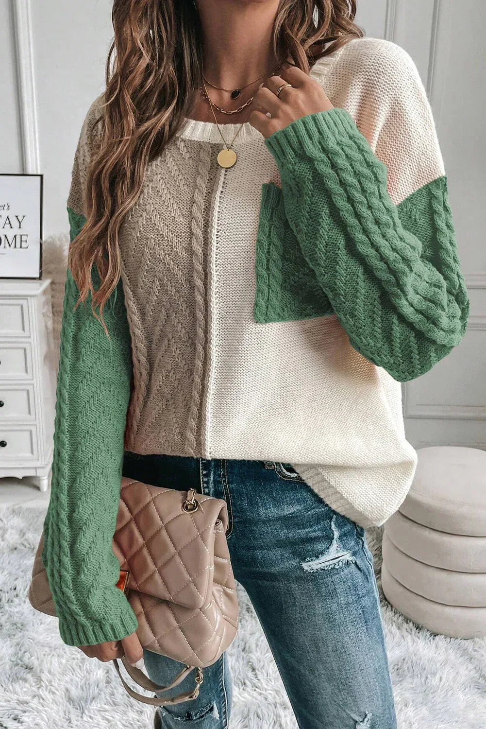 Vineyard Green Colorblock Patched Pocket Drop Shoulder Sweater Vineyard Green 65%Acrylic+35%Polyamide Bazaare Mart Sweaters & Cardigans/Sweaters