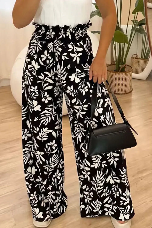 B&W Floral High Waist Wide Leg Pants Black Bazaare Mart Palazzo Pants