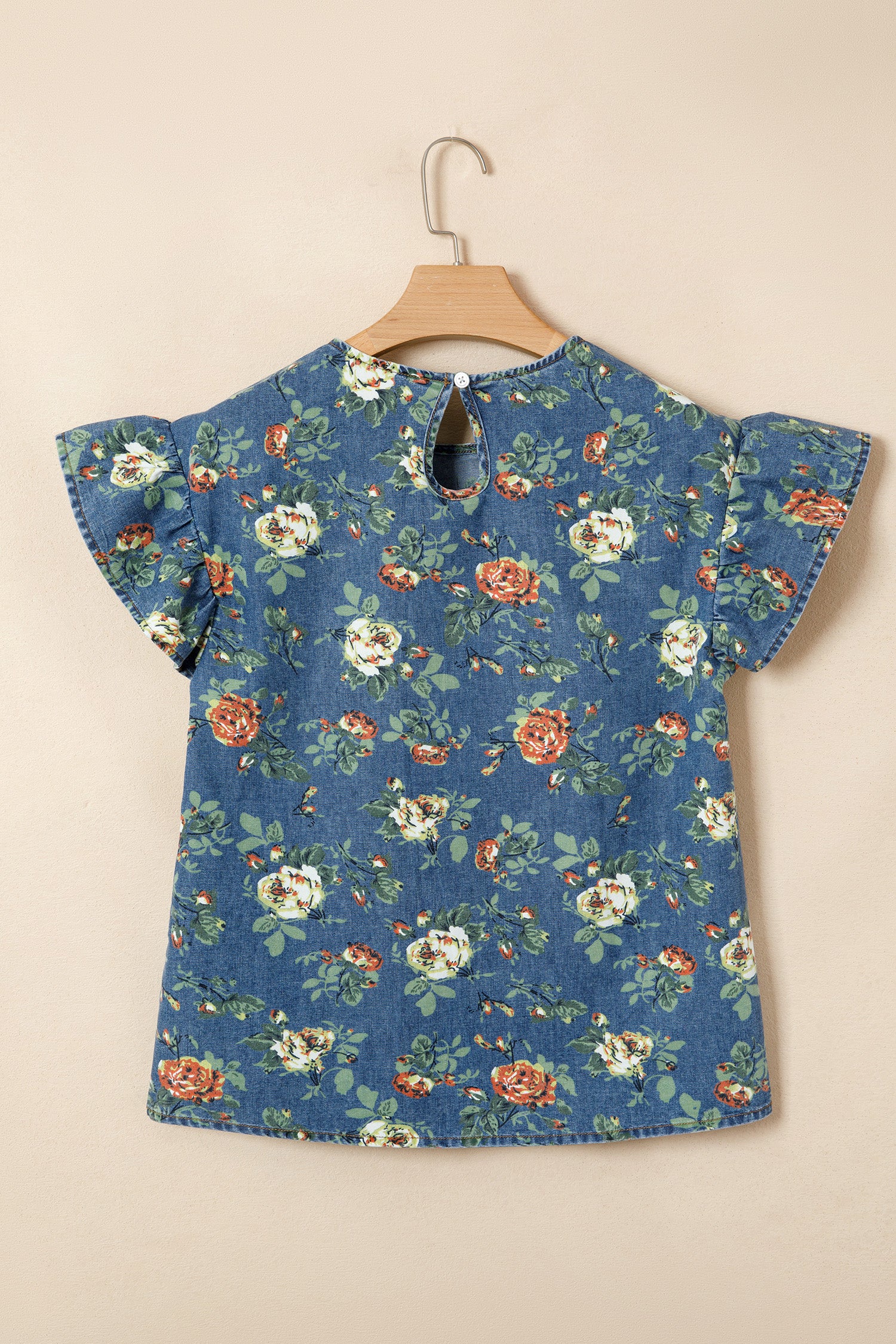 Ashleigh Blue Floral Denim Top – Ruffle Sleeve Washed Denim Blouse Dear-Lover Dropshipping Tops/Tops & Tees