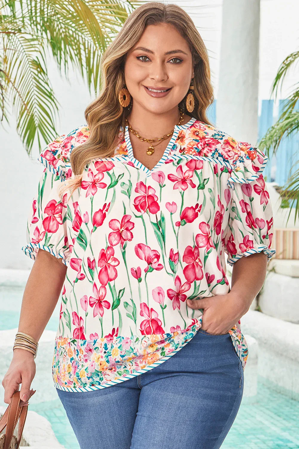 Pink Plus Size Floral Print Striped Trim V Neck Blouse Dear-Lover Dropshipping Plus Size/Plus Size Tops/Plus Size Blouses & Shirts