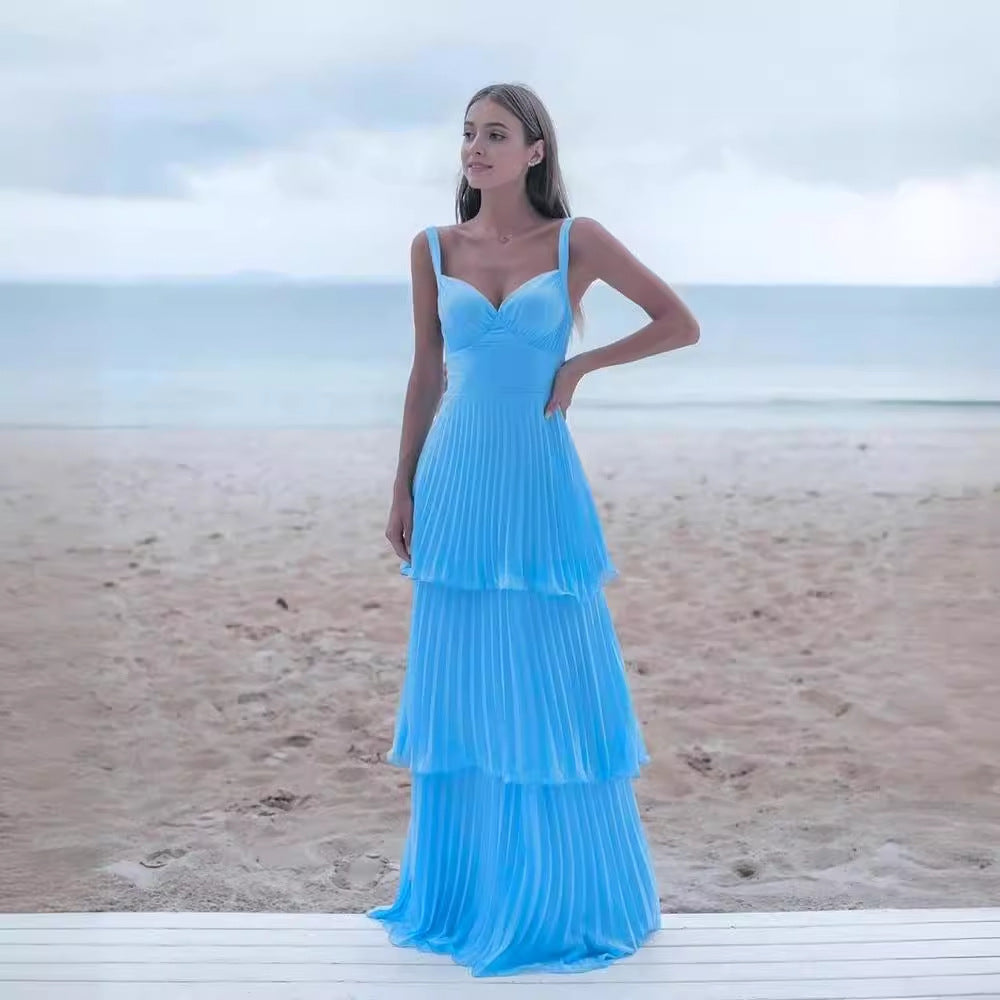 Multi-layer Pleated Strappy Maxi Dress