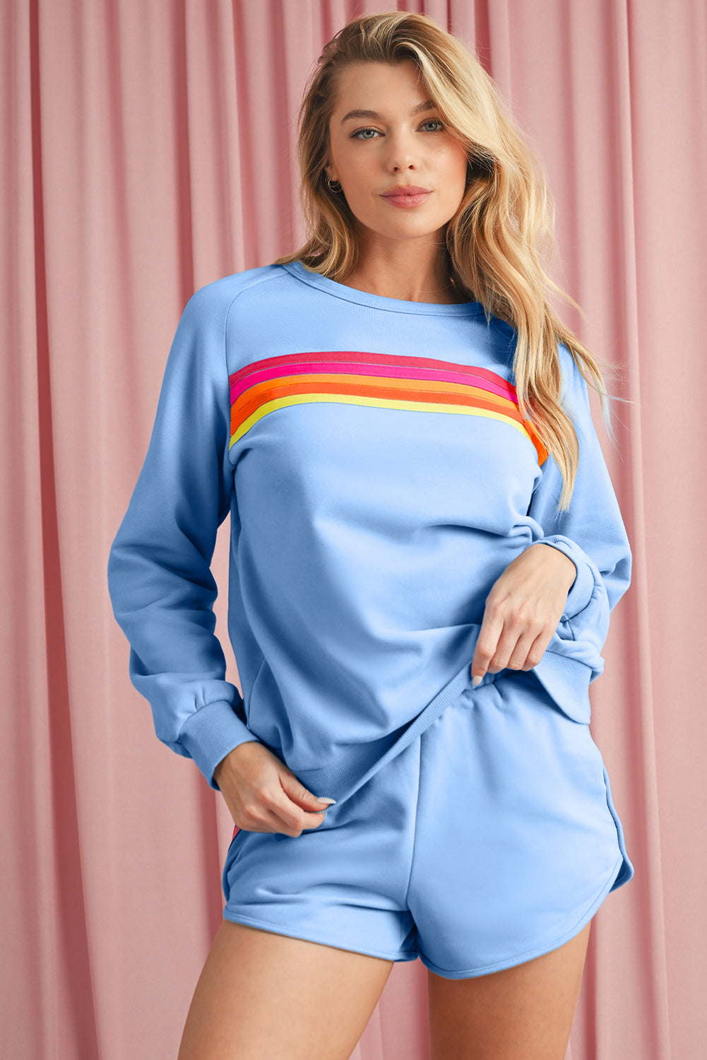 Light Blue Striped Long Sleeve Pullover and Shorts Set