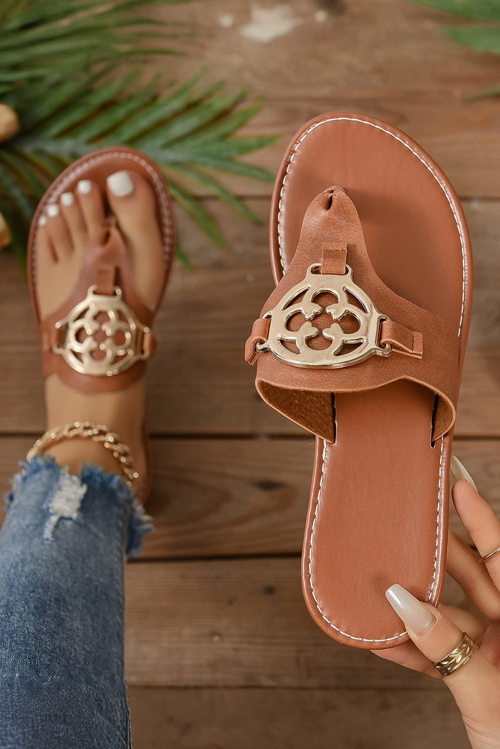 Chestnut Metal Design Leather Thong Sandals