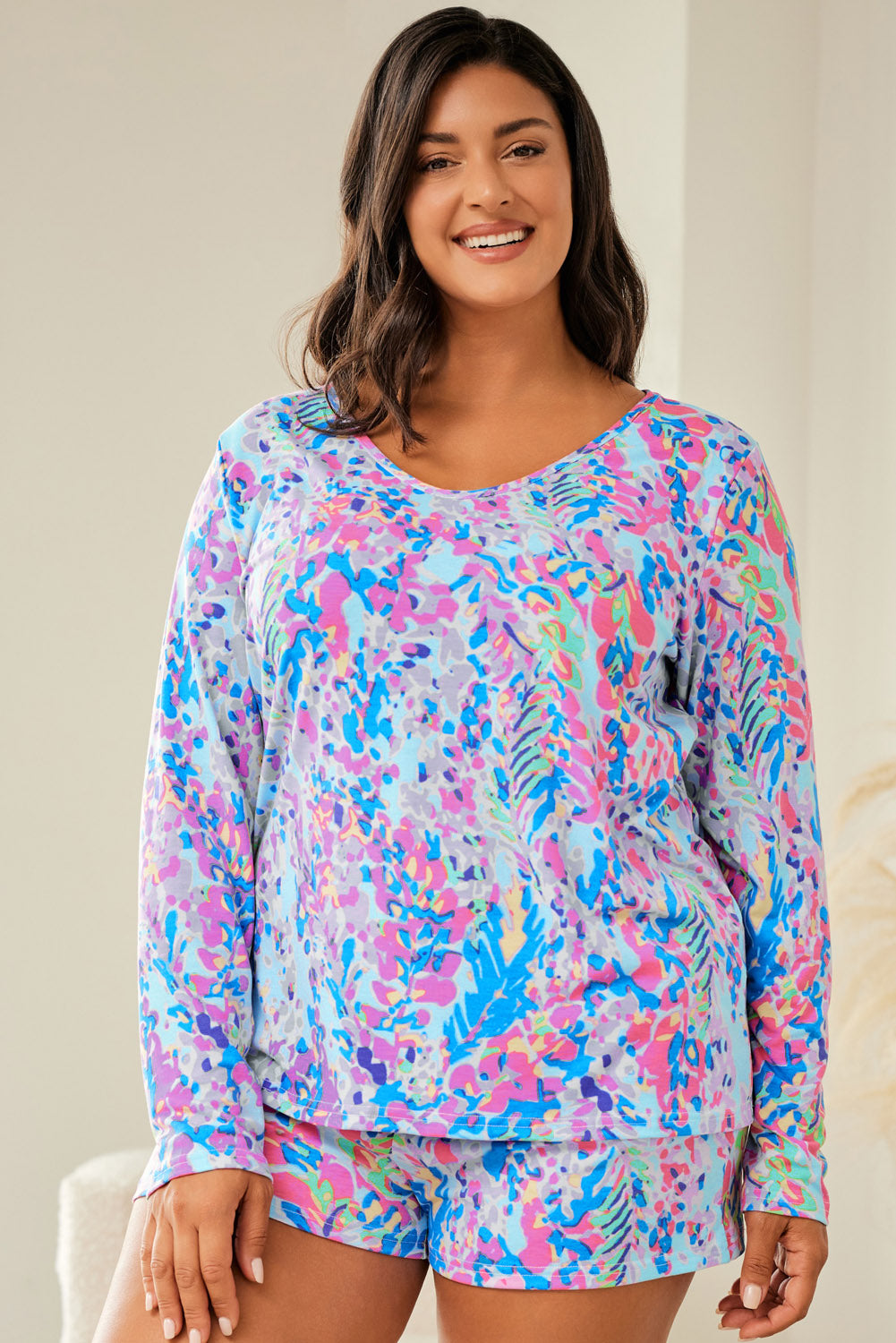 Multicolor Printed 3/4 Sleeve Split Neck Plus Size Tunic Top