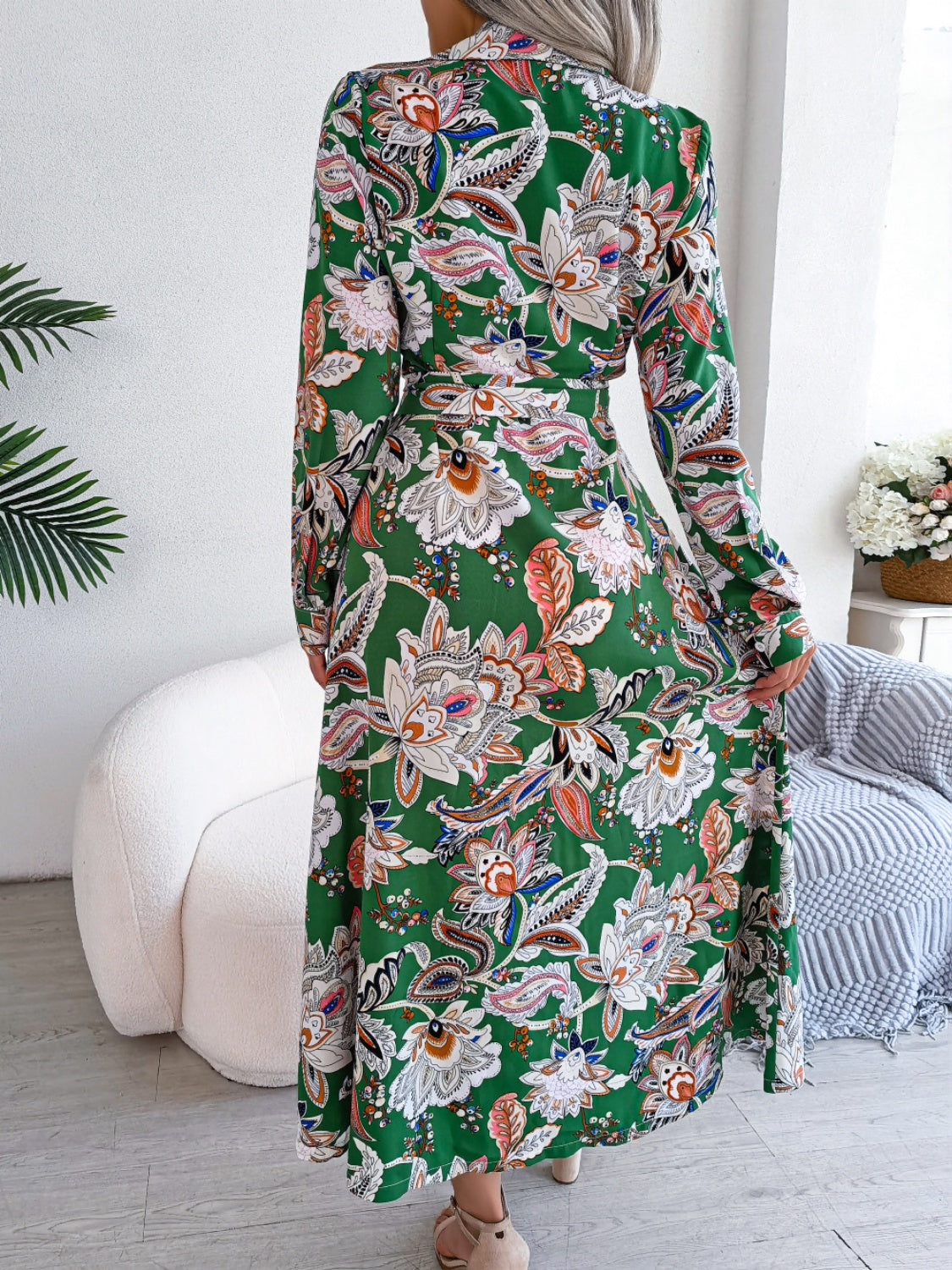 Tied Floral Long Sleeve Midi Dress