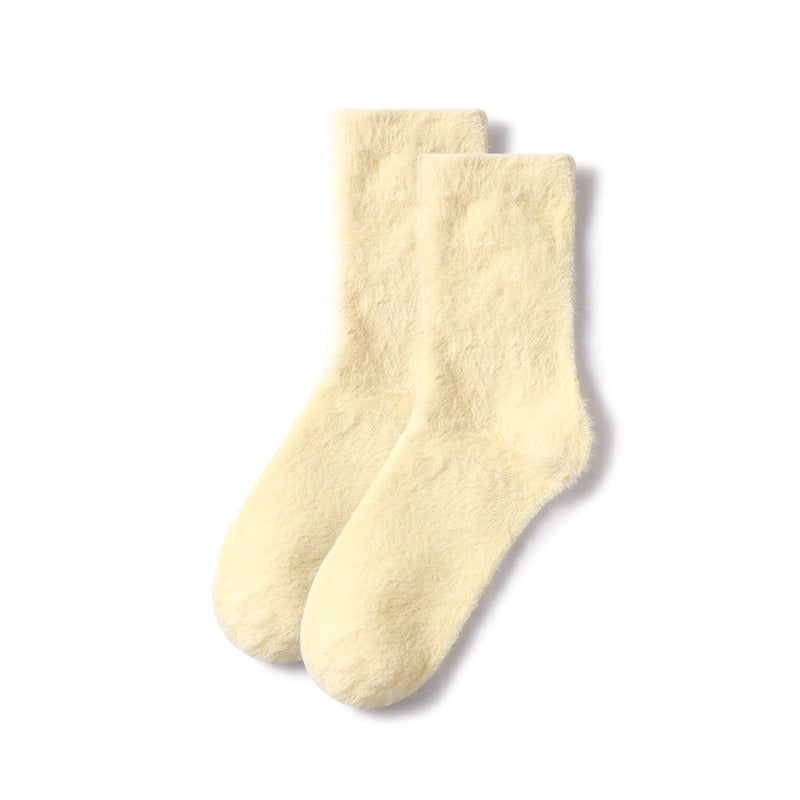 Solid Color Furry Fleece-lined Thick Mid-calf Socks