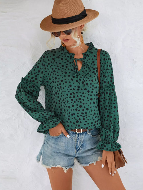 Animal Print Tie Neck Flounce Sleeve Blouse Black Forest Trendsi Animal Print Tie Neck Flounce Sleeve Blouse