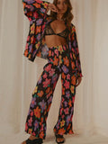 Printed Collared Neck Long Sleeve Top and Pants Lounge Set Black Trendsi Lounge Set