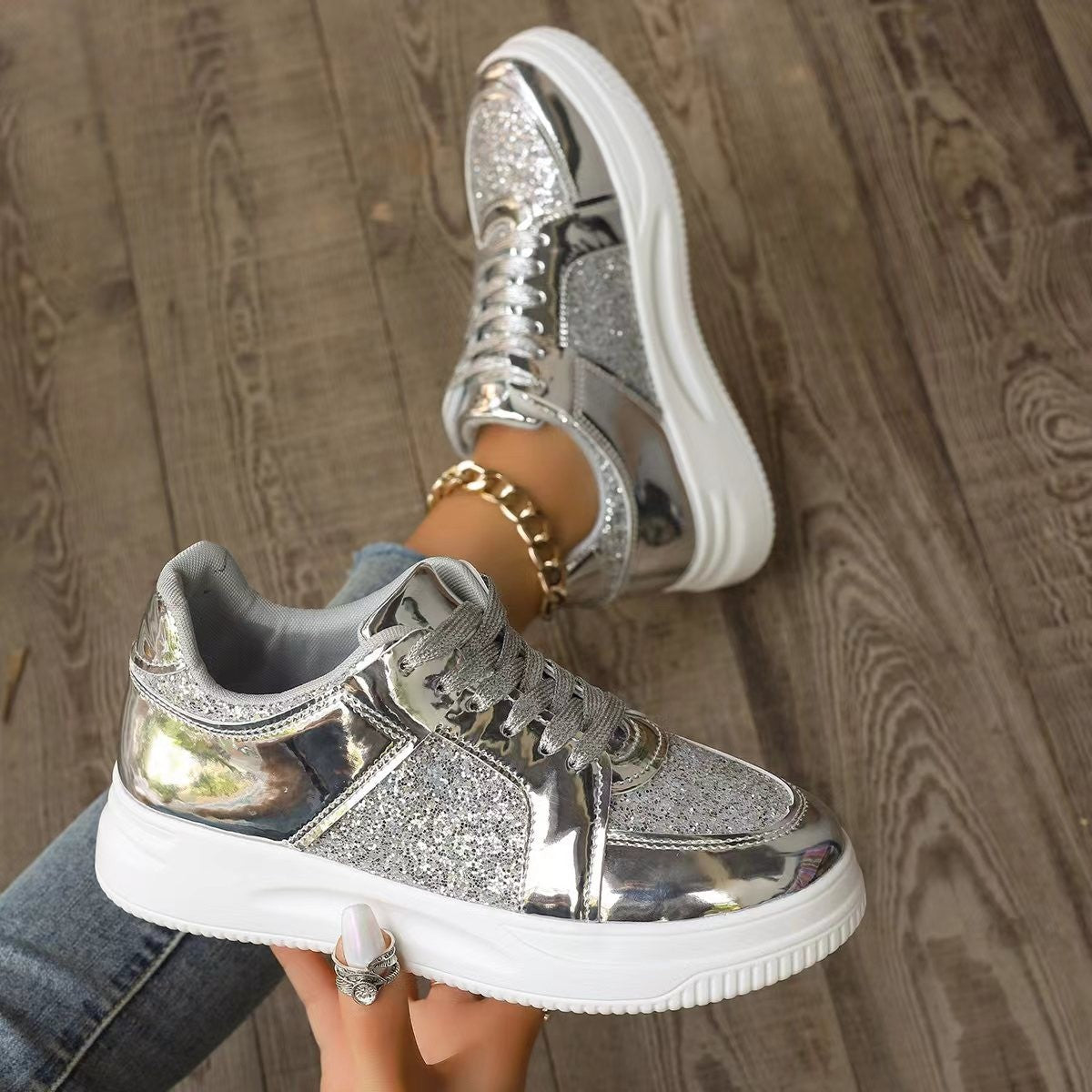Glittery Round Toe Platform Sneakers