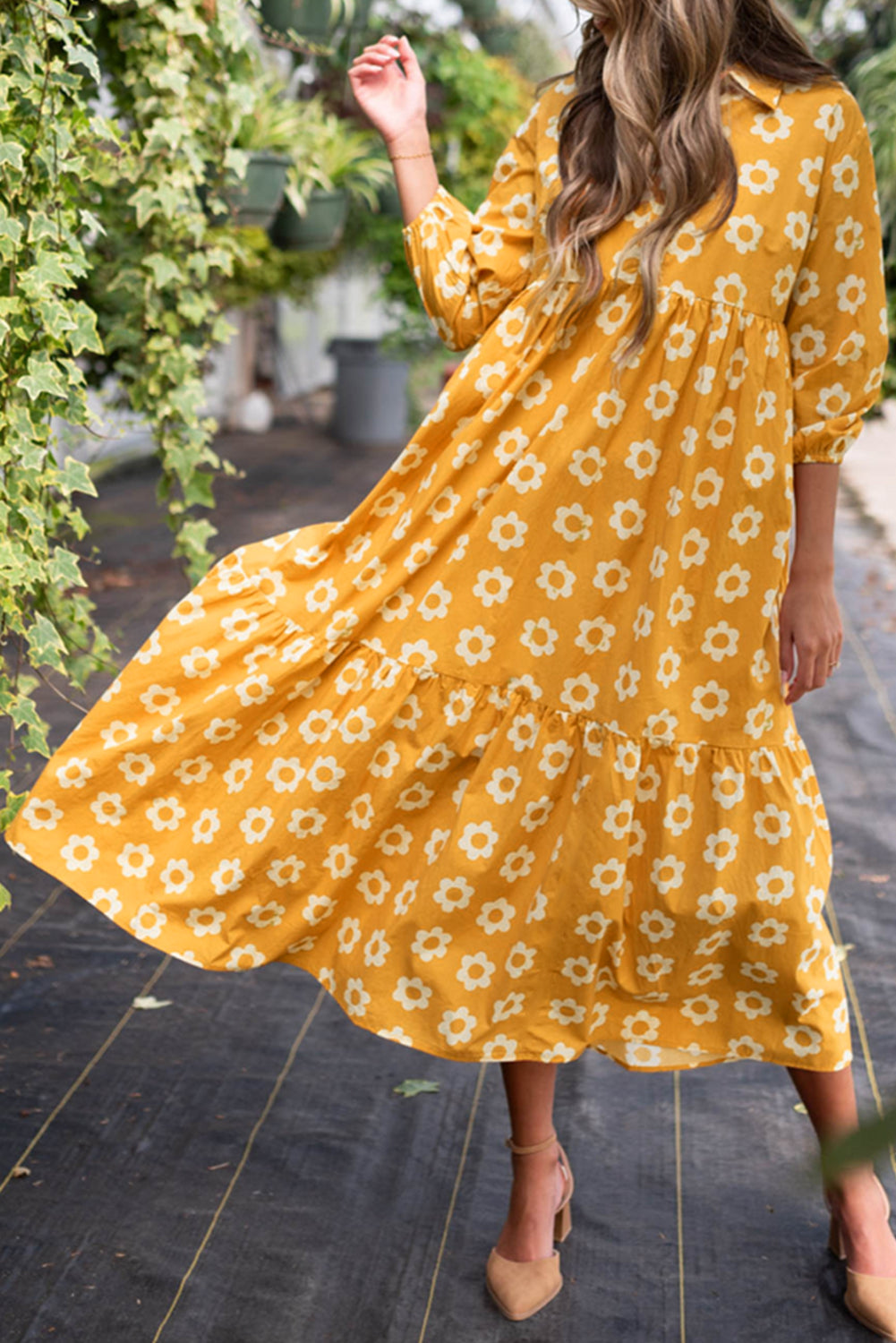 Gold Flower Tiered Midi Dress