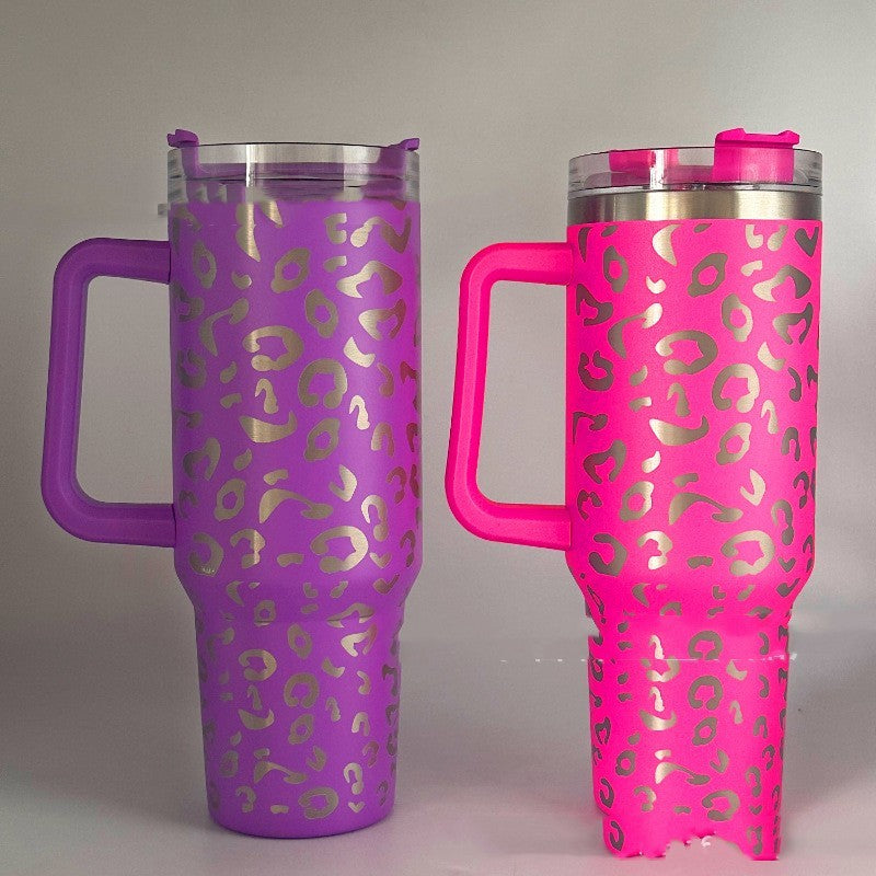 40oz Stainless Steel Handle Insulated Leopard Cup