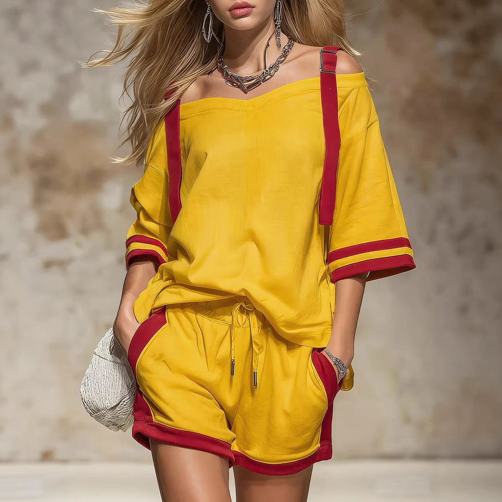 Women’s Summer Red Striped Shorts Set (Off-Shoulder) CJ Dropshipping Color Block Shorts Set