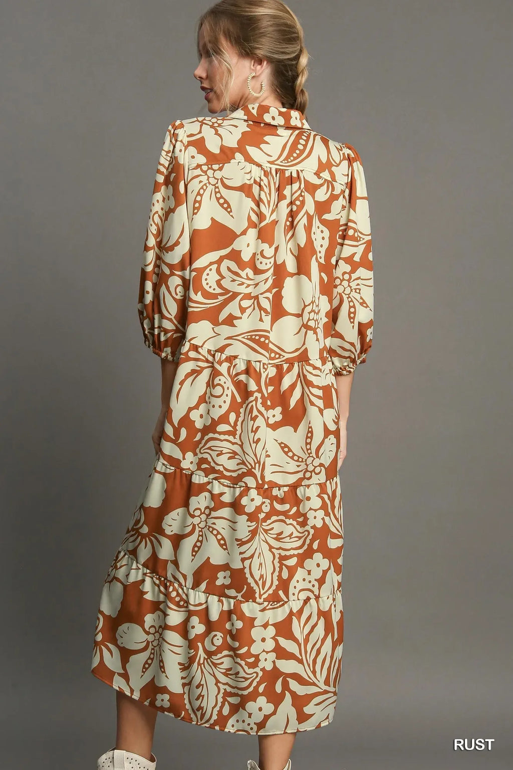 Umgee Rust Floral Tiered Midi Shirt Dress Trendsi Long Sleeve Floral Dress