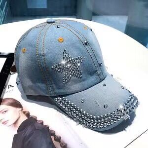 Distressed Denim Rhinestone Baseball Cap
