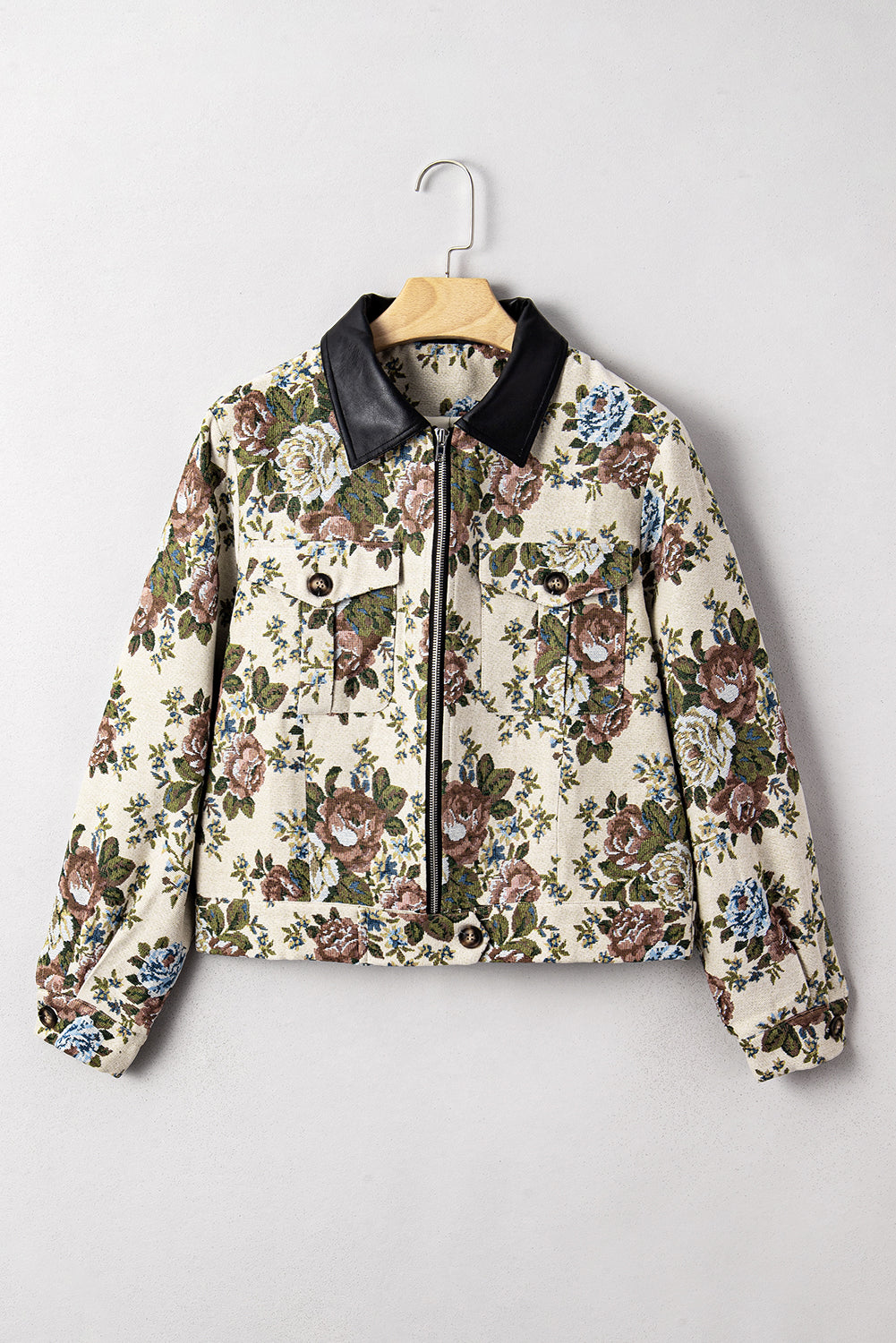 Khaki Floral Zip Up Jacket Shewin Floral Jacket