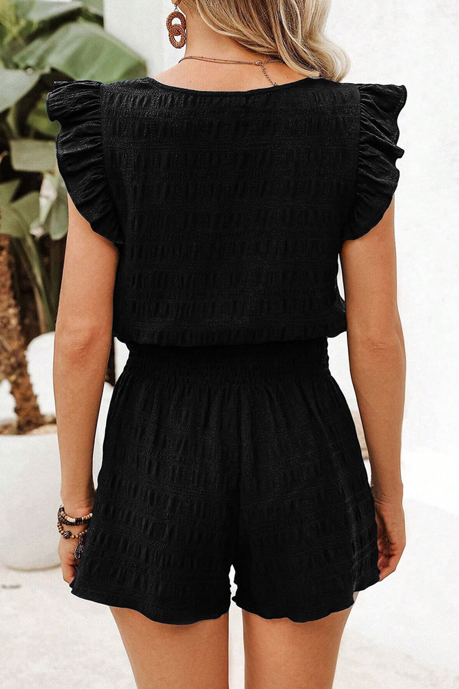 Textured Flutter Sleeve Shorts Set – Square Neck Top & Shirred High Waist Shorts Dear-Lover Dropshipping Two Piece Sets/Short Sets