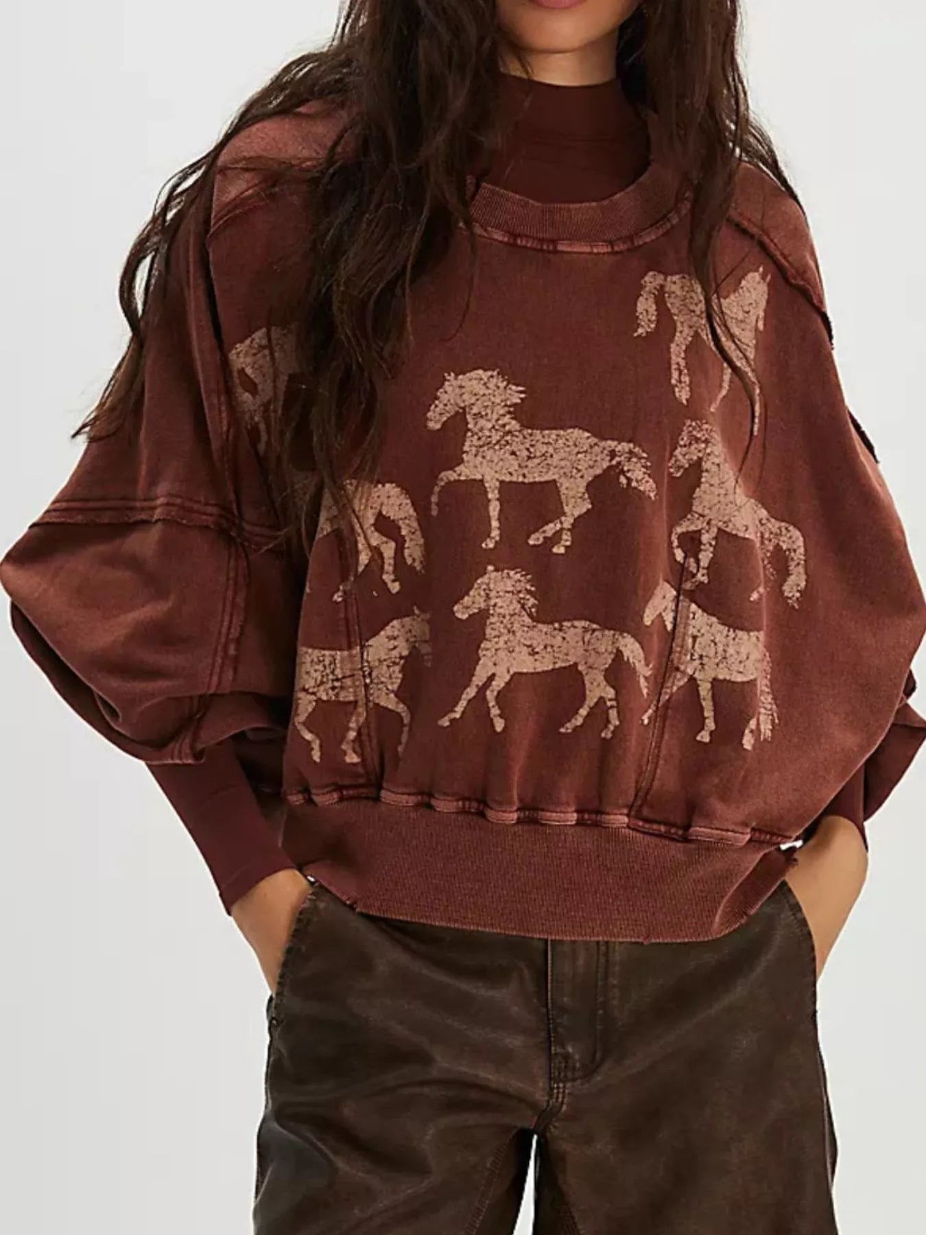 Brown Wild Horses Drop Shoulder Sweatshirt