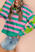 Pink Stripe Star Patchwork Round Neck Pullover Sweatshirt Pink Stripe 95%Cotton+5%Elastane Dear-Lover Dropshipping Tops/Sweatshirts & Hoodies