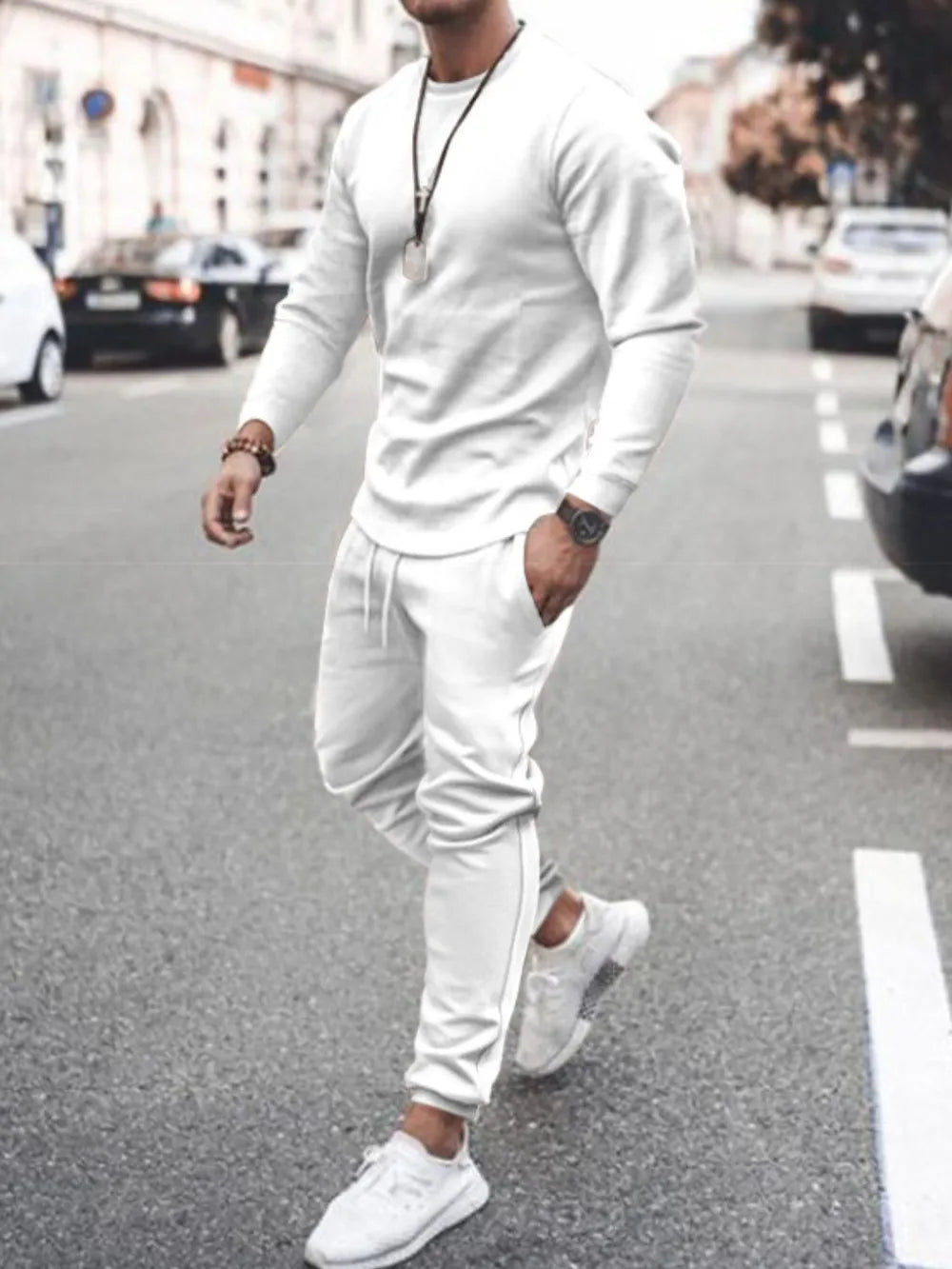 Men's Long Sleeve Top and Pants Set White Bazaare Mart Casual Pants Outfit
