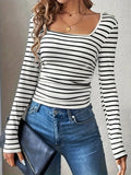 Striped Square Neck Long Sleeve T-Shirt White Trendsi Striped Square Neck Long Sleeve T-Shirt
