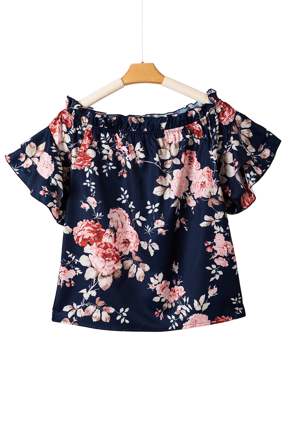 Navy Off Shoulder Flounce Sleeve Floral Blouse