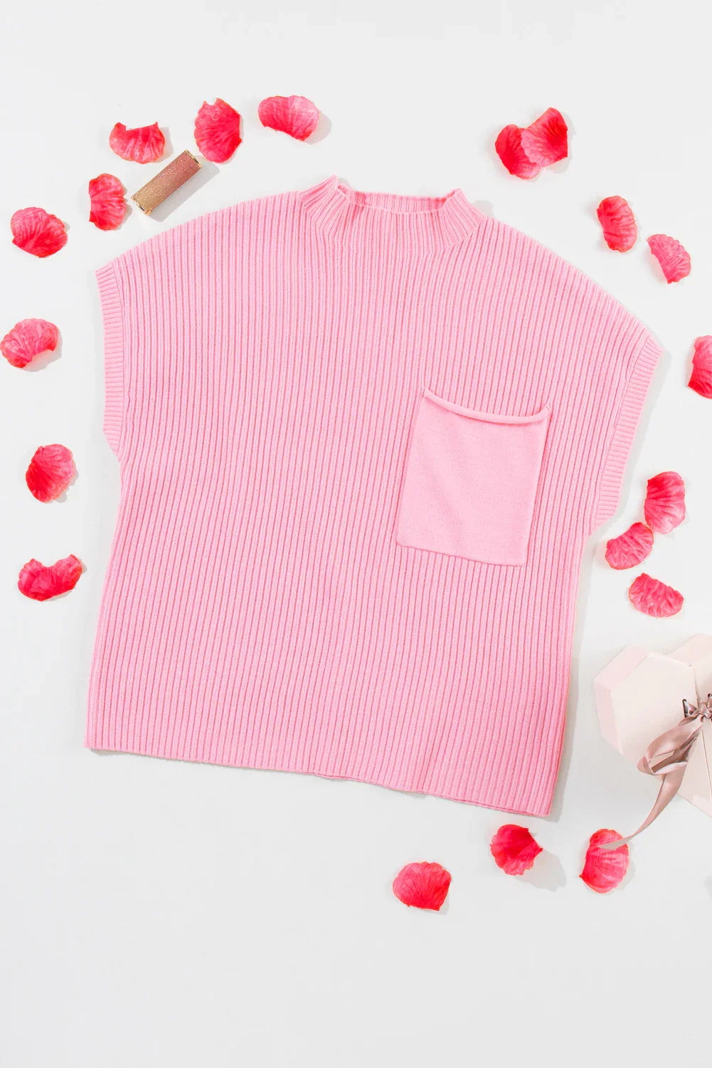 Pink Patch Pocket Ribbed Knit Short Sleeve Sweater Dear-Lover Dropshipping Sweaters & Cardigans/Short Sleeve Sweaters