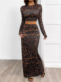Leopard Round Neck Top and Skirt Set Coffee Brown Bazarre Mart Leopard Round Neck Top and Skirt Set