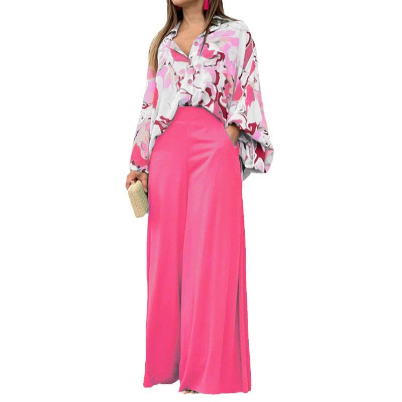 Loose & Printed Blouse and Coordinating Wide Leg Solid Color Pants Set CJ Dropshipping Loose Blouse and Pants Set