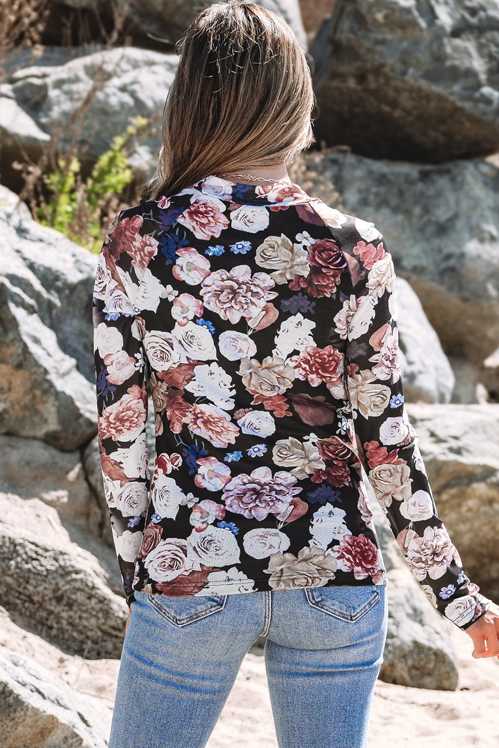 Black Floral Mesh Mock Neck Long Sleeve Top
