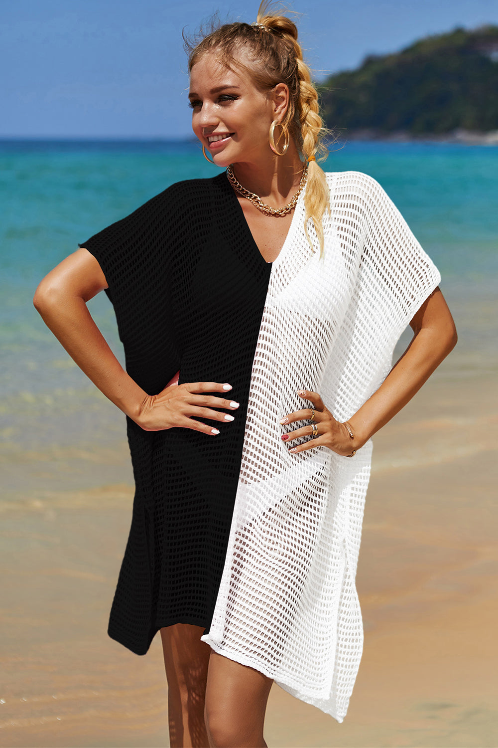 B&W Two Tone Blue Openwork Contrast Slit Knit Cover Up