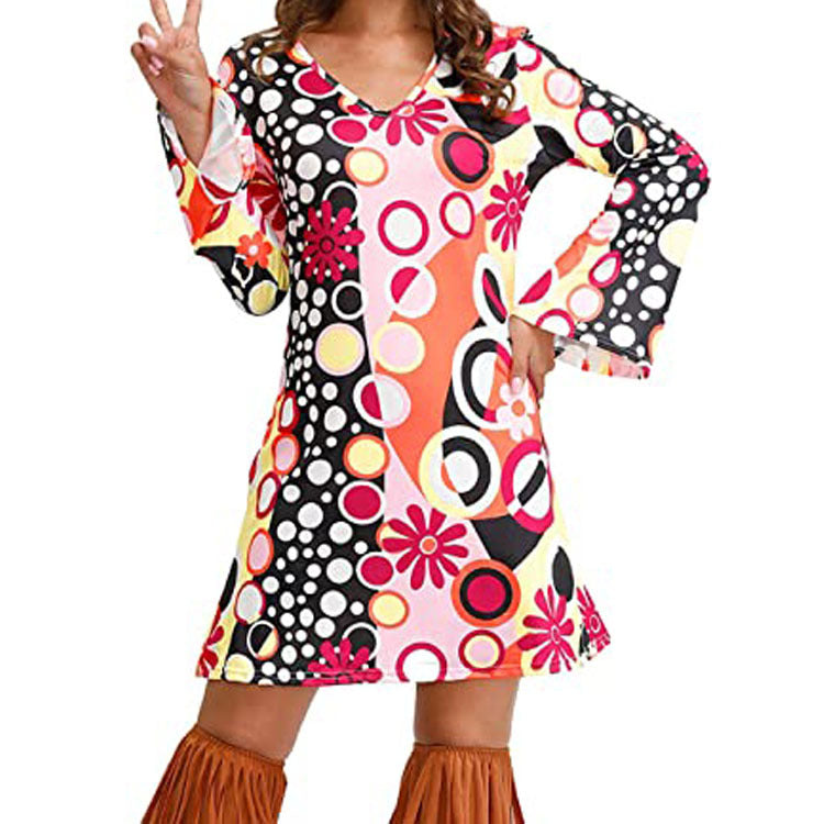 Retro ’70s Hippie Print A-Line Mini Dress Yellow CJ Dropshipping Long Sleeve Hippie Dress