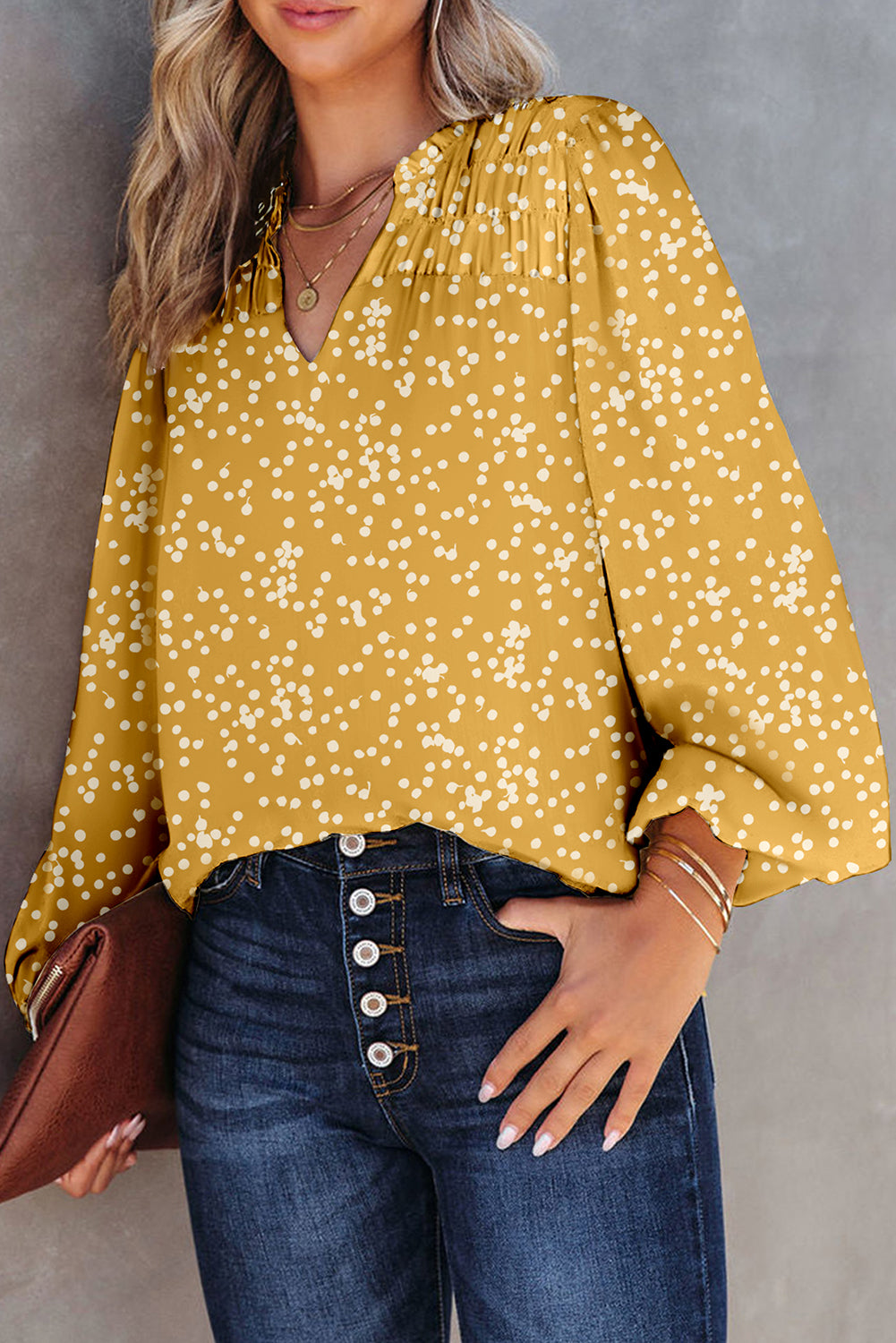 Yellow Plus Size Floral Print Ruched Split Neck Blouse