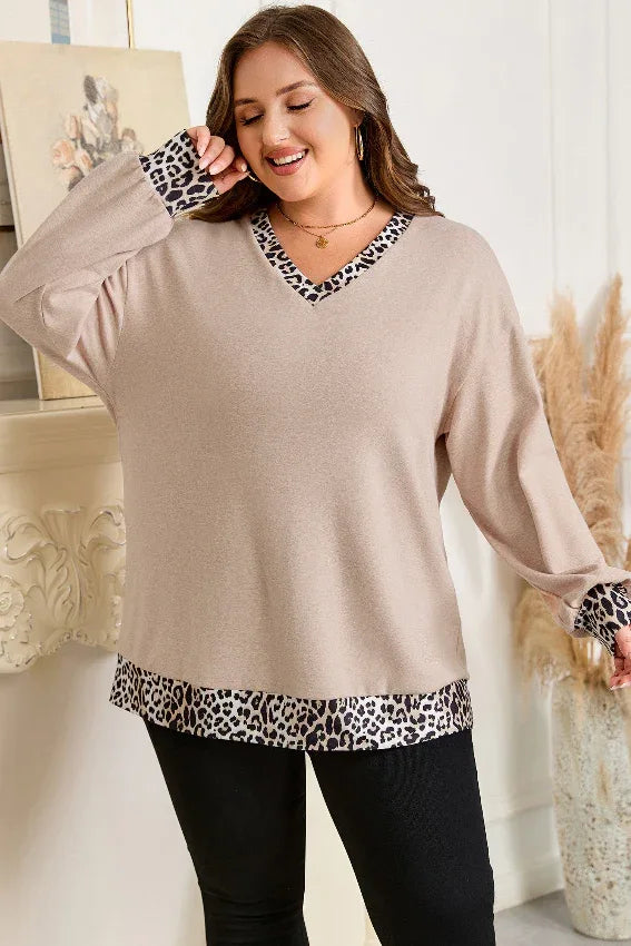 Parchment Leopard Hem V Neck Long Sleeve Top bazaare mart Plus Size/Plus Size Tops/Plus Size Long Sleeve Tops
