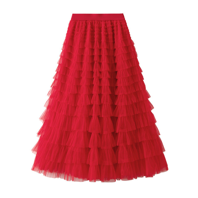 Mesh Ruffle Midi Skirt