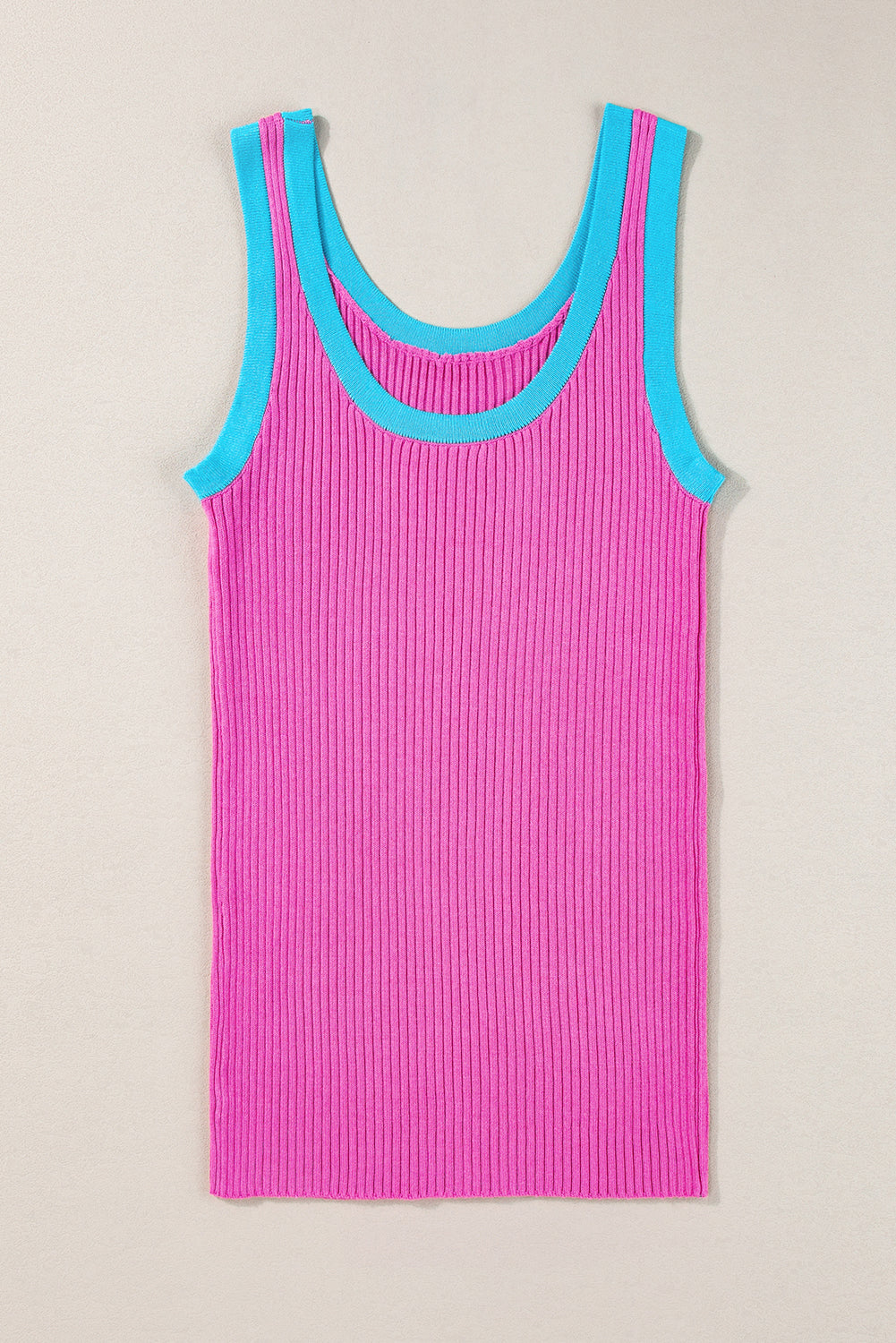 Magenta Colorblock Edge Ribbed Knit U Neck Tank Top