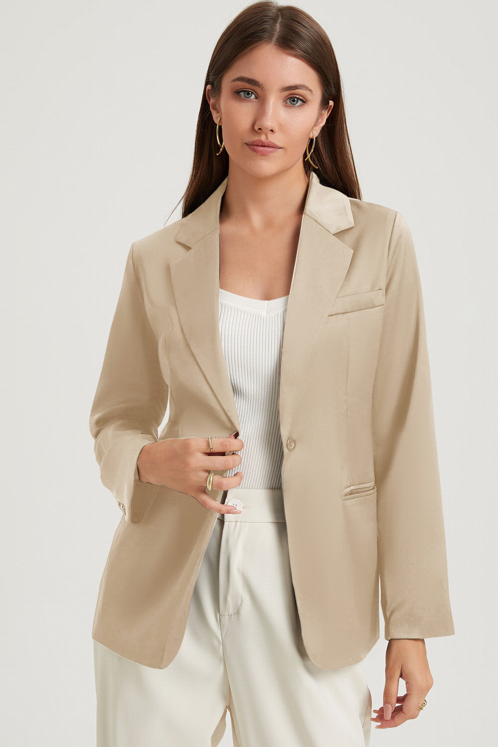 White Pocketed Single Button Lapel Neck Blazer