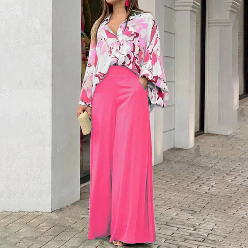 Women's Printed Shirt Wide Leg Pants Fashion Casual Set Pink CJ Dropshipping 2 pc. Pants Outfit