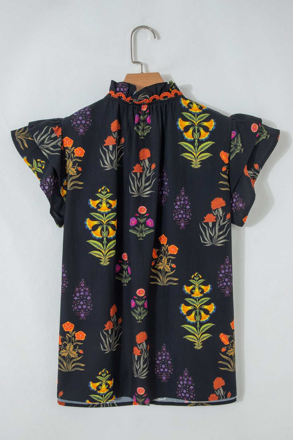 Black Floral Print Lace Trim Frilled V Neck Short Sleeve Shirt Shewin Blouses & Shirts