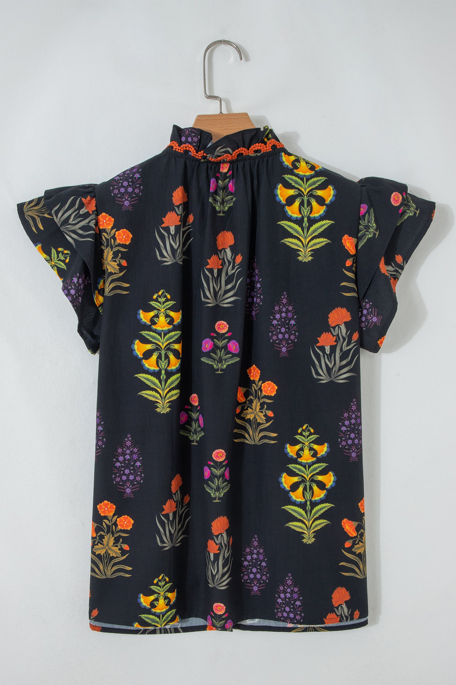 Black Floral Print Lace Trim Frilled V Neck Short Sleeve Shirt Shewin Blouses & Shirts