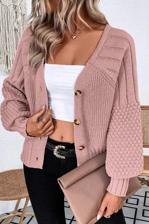 Mixed Texture Knit Button V Neck Cardigan Bazaare Mart Sweaters & Cardigans/Cardigans
