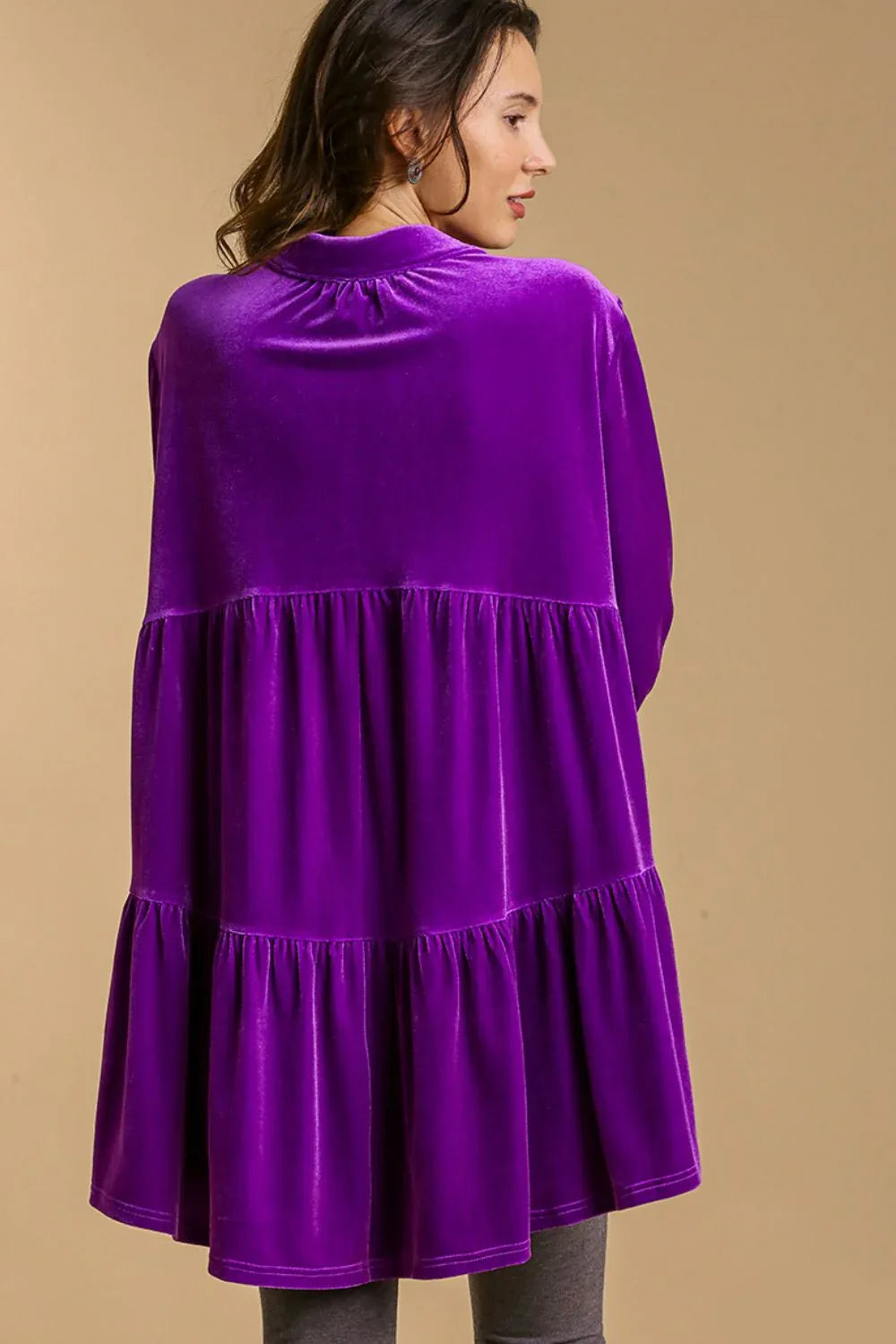 Umgee Full Size Button Down Tiered Back High Low Purple Velvet Shirt Trendsi Button Down Tiered Back High Low Shirt