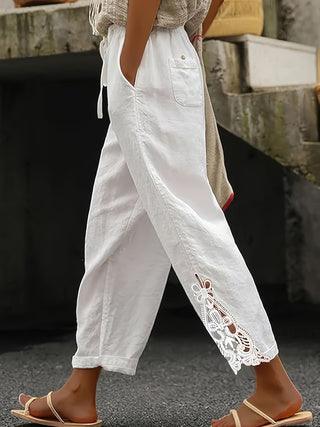 Women’s Lace Cutout Drawstring Straight Pants – Casual Wide Leg Lounge Trousers White CJ Dropshipping Light White Cotton Pants