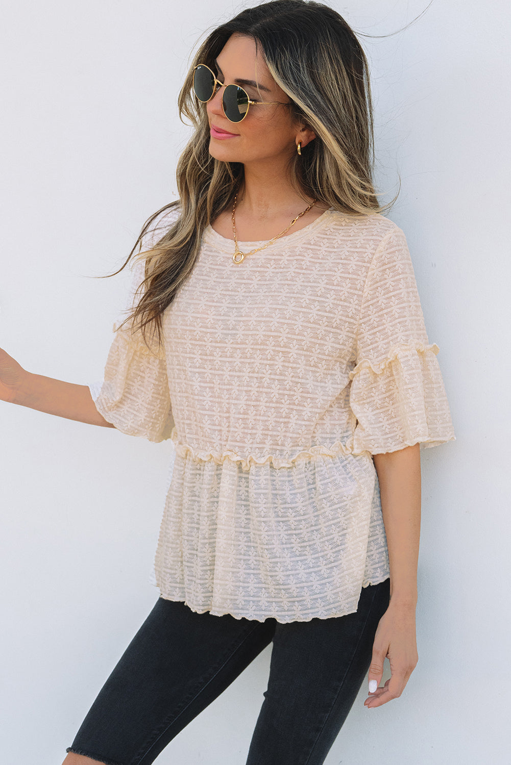 Lacy Beige Textured Ruffled Half Sleeve Blouse